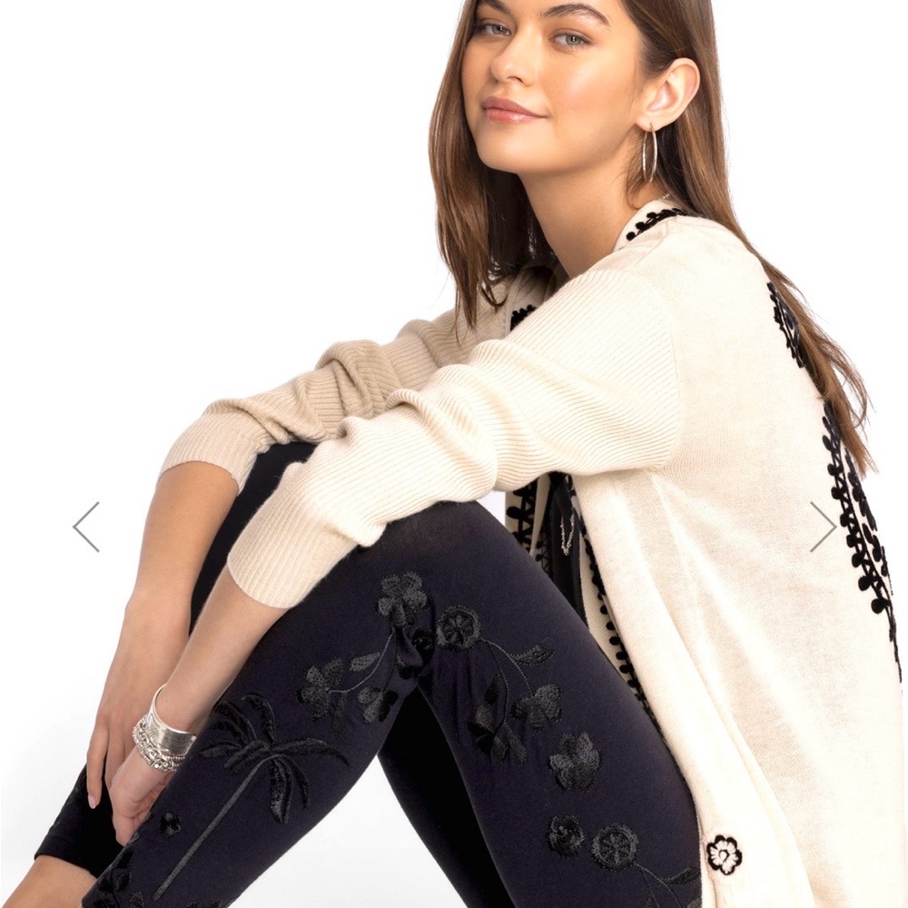 Johnny Was Embroidered Black Leggings - Palm Trees & Flowers XS NWT